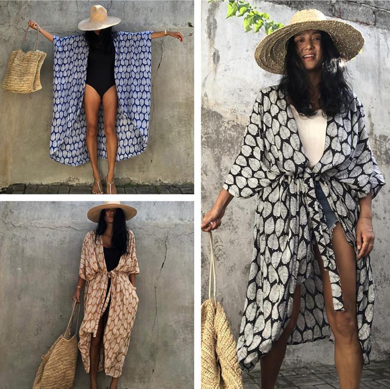 Cotton Leaf Print Beach Cover-Up ¨C Sexy Cardigan Style Vacation Sun Protection Dress