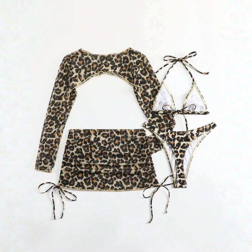 Leopard Print Lace up Sexy Bikini Separated Four piece Swimsuit Long Sleeve Sun Protection Skirted Swimwear