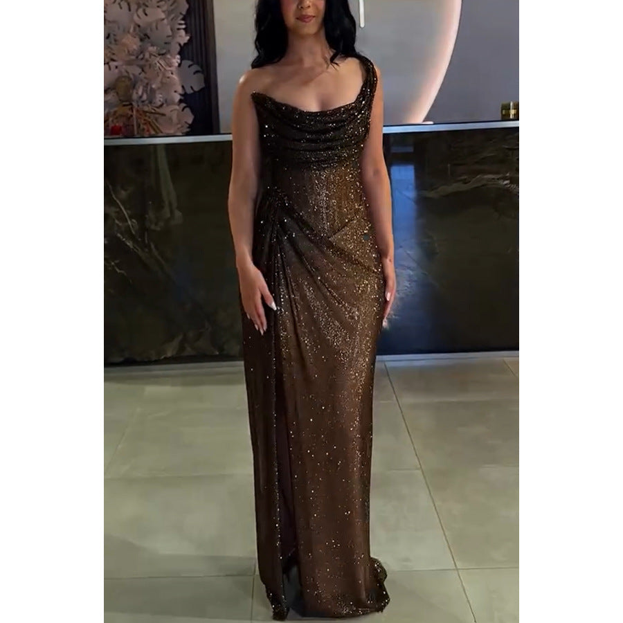 Elegant Sleeveless Off-the-Shoulder Bodycon Maxi Solid Color Chic High-End Satin Slip Dress