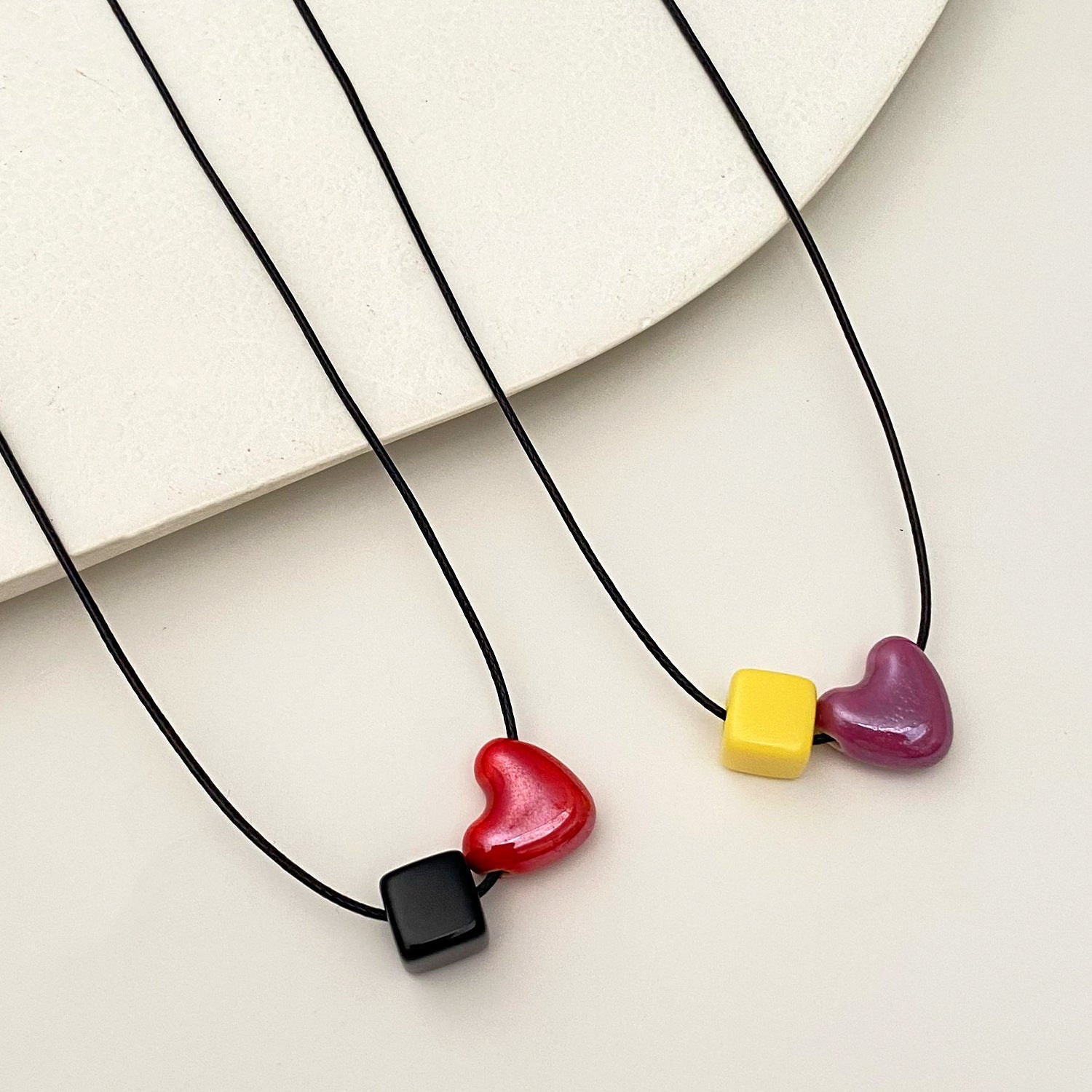 Ceramic Heart & Geometric Square Necklace Women Cute Dainty Clavicle Chain