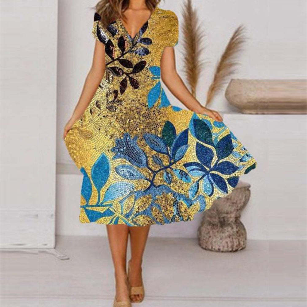 V Neck Bohemian Print Short Sleeve Dress - Flowy Casual Summer Dress with Elastic Waist