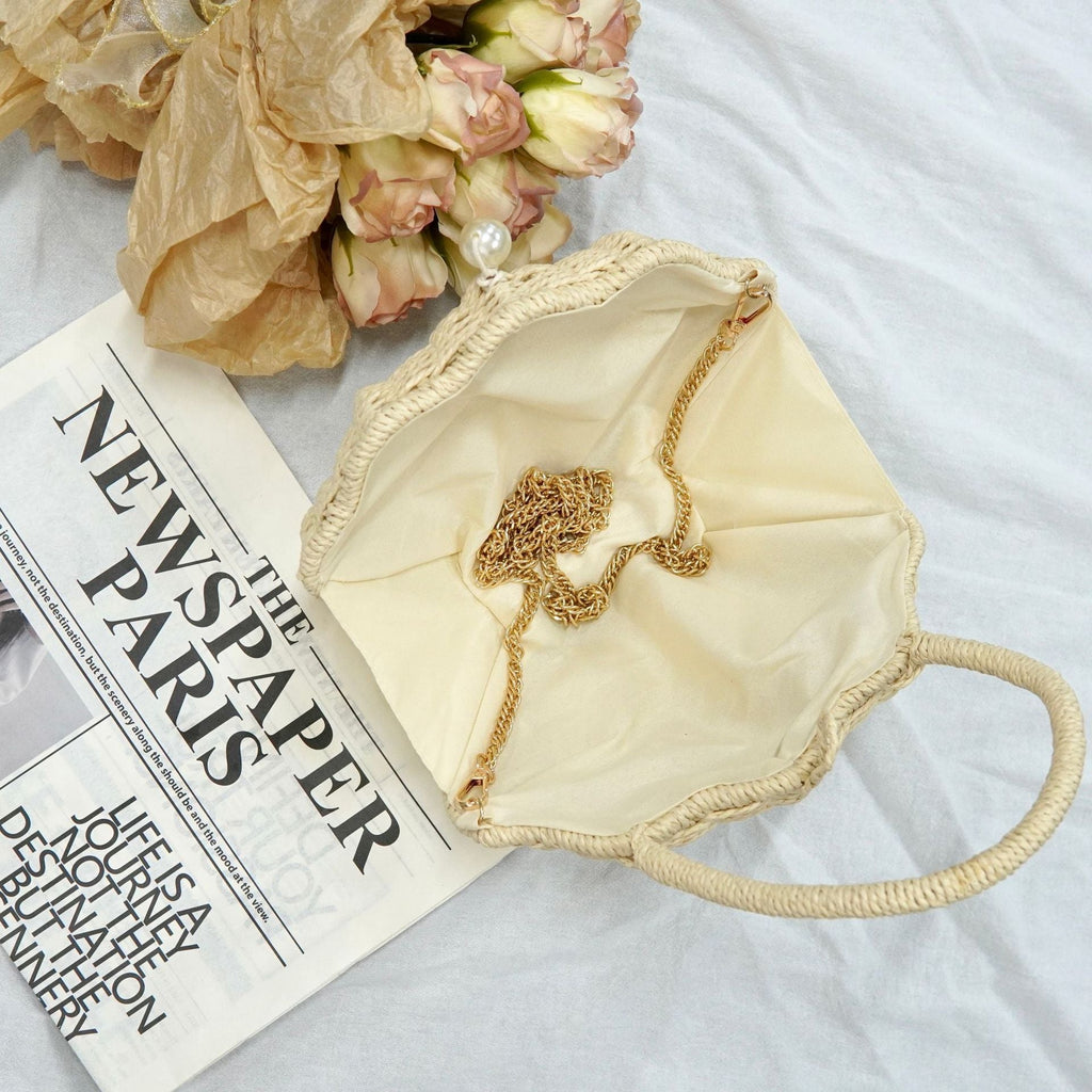 Round Straw Beach Bag - Handwoven Round Tote, Two-Way Handheld Shoulder Purse, Paper Rope Casual Bag
