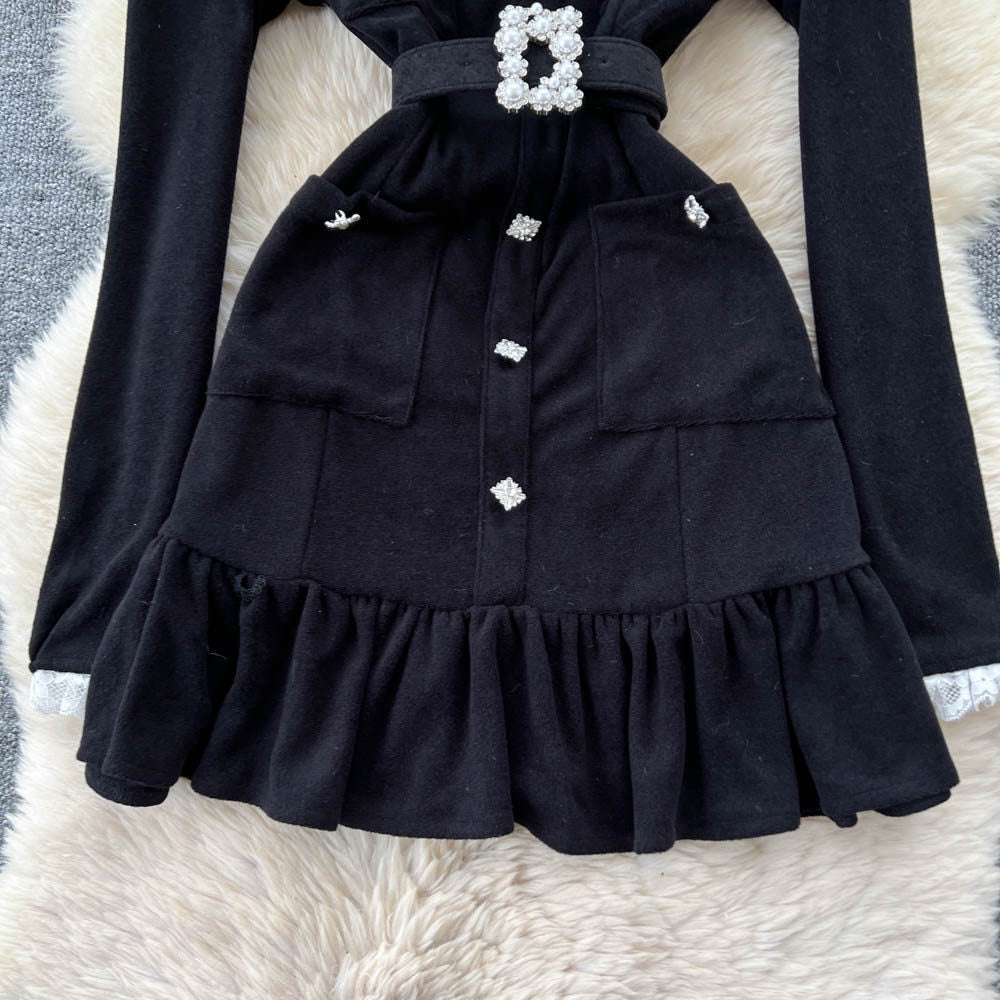 Pearl Buckle Lace Trim Dress – Black Tie-Waist Peplum Hem Mini, Elegant Cocktail Shift
