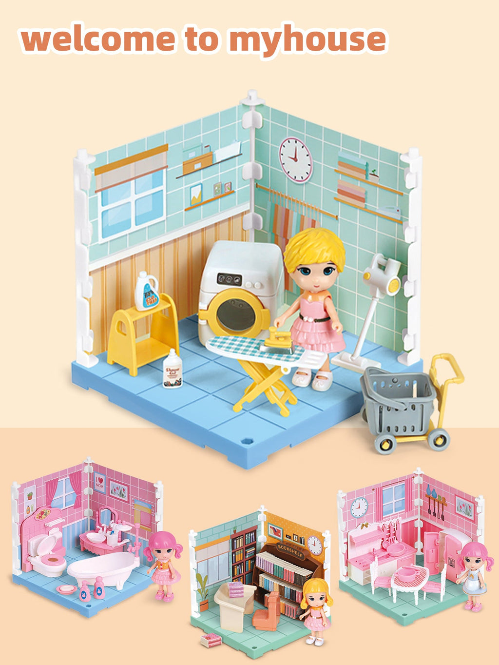 Mini Home Accessories DIY Doll House Furniture Assembly Model Simulated Bedroom Kitchen Decoration Pretend Play Toy Girl Gift