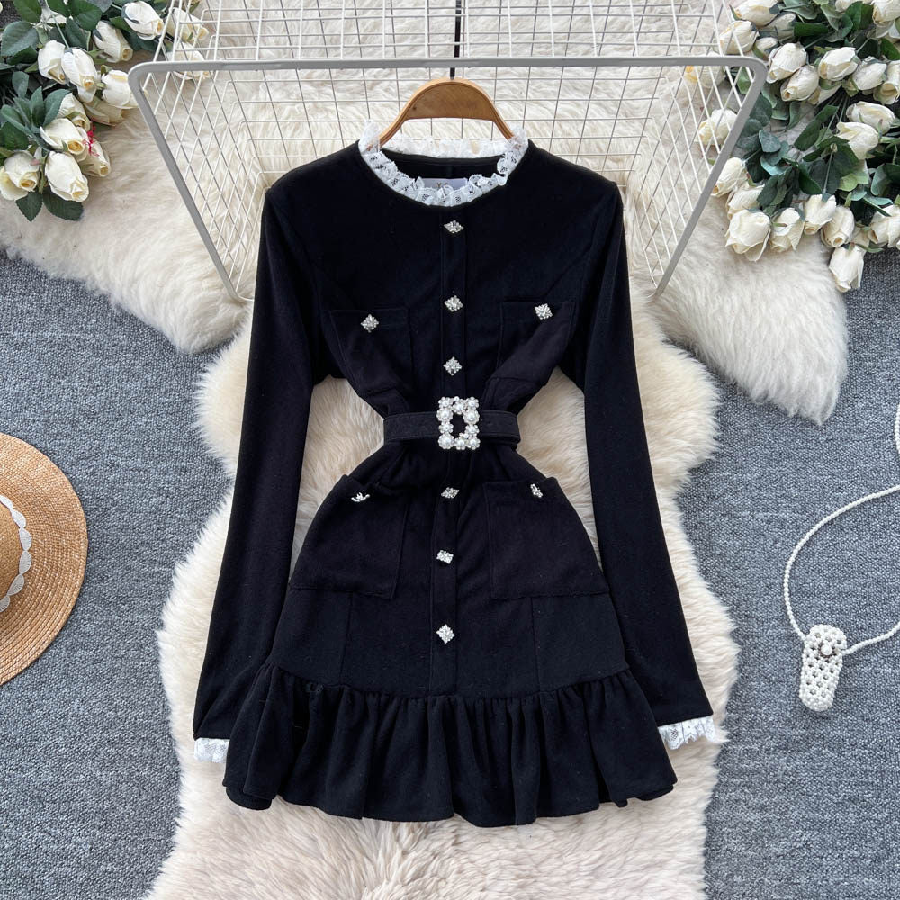 Pearl Buckle Lace Trim Dress – Black Tie-Waist Peplum Hem Mini, Elegant Cocktail Shift
