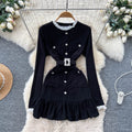 Pearl Buckle Lace Trim Dress – Black Tie-Waist Peplum Hem Mini, Elegant Cocktail Shift