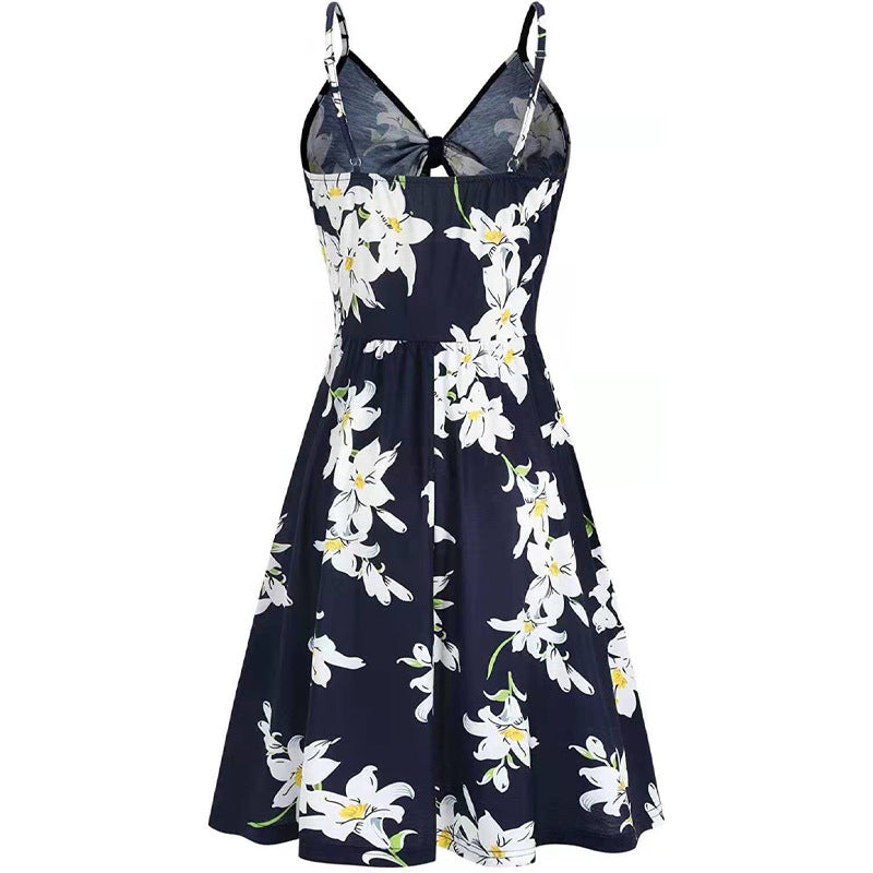 Women's Bow Backless Spaghetti Strap Printed Dress Versatile