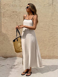 Off-the-shoulder backless solid color suspender strap-up long dress
