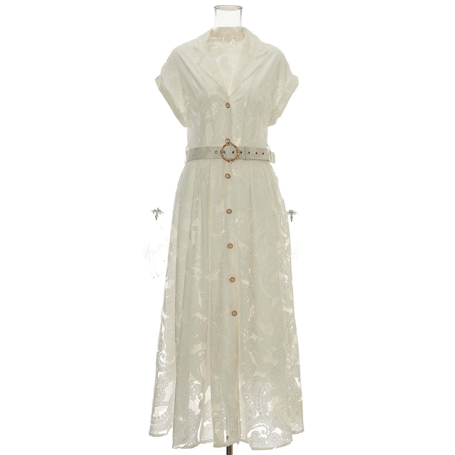 Summer Lace Embroidered Blazer Dress – Notched Collar Button-Front Tie-Waist Maxi, Elegant Long Gown