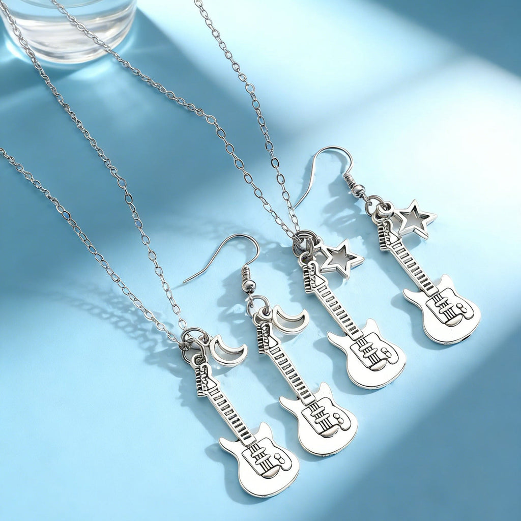 Fashion Guitar Music Instrument Necklace & Earrings Women Hip Hop Moon Star Pendant