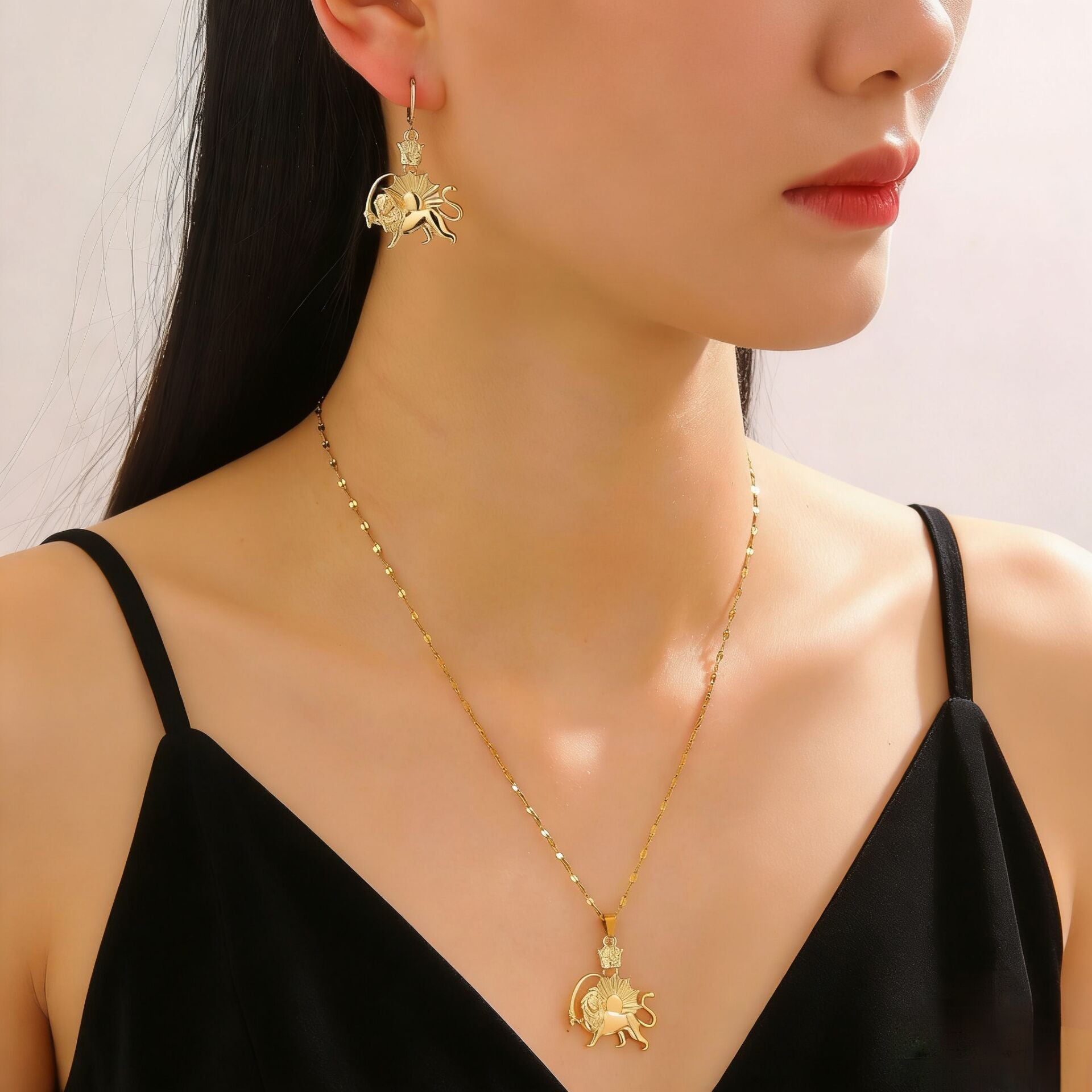 Vintage Crown Lion Sun Pattern Gold Pendant Earrings Necklace Punk Stainless Steel Set