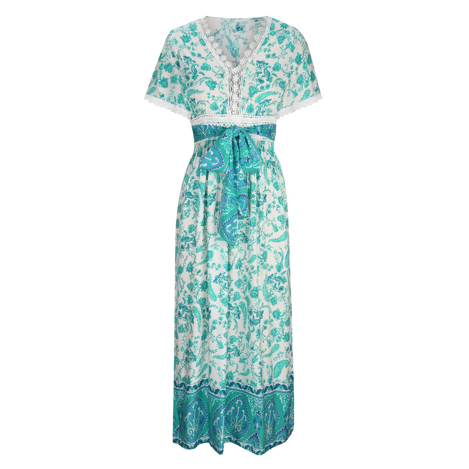 Women's Short Sleeve Lace Trim Tie-Waist Bohemian Dress Vacation Beach Dress Floral