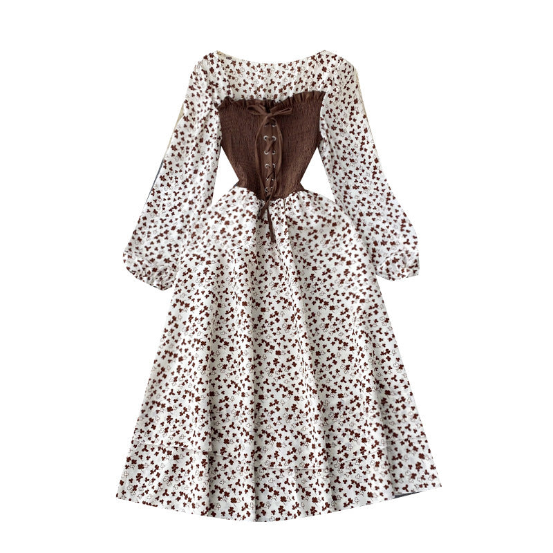Trendy Dress with Tie Belt – French Contrast Floral Print, Two-Piece Illusion Design, Sweet Long Sleeve Frock