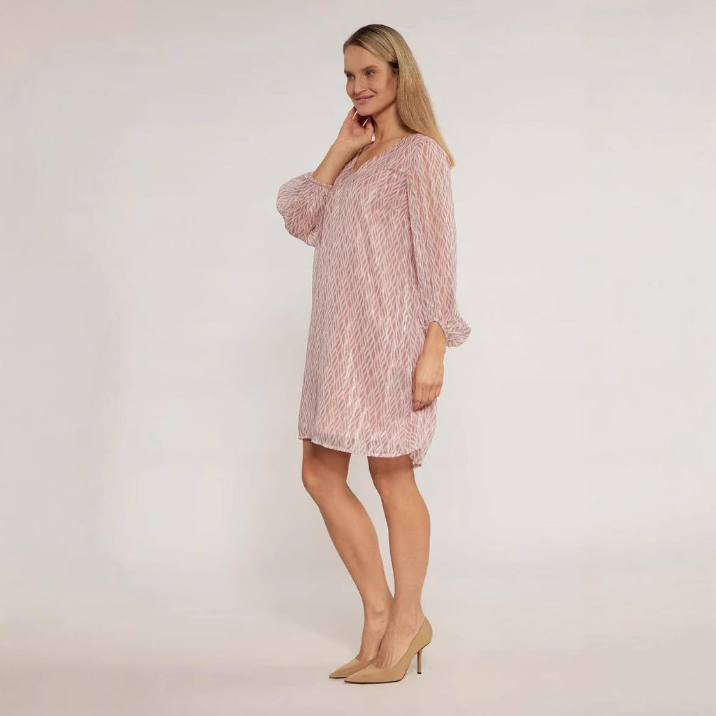 Spring V-Neck Solid Textured Long Sleeve Dress – Elegant French Style Midi for Women