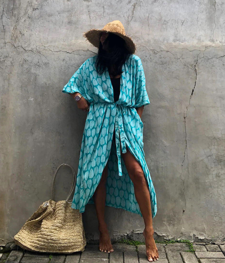 Cotton Leaf Print Beach Cover-Up ¨C Sexy Cardigan Style Vacation Sun Protection Dress