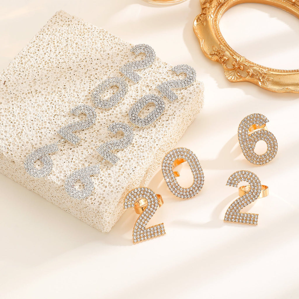 Zircon Inlaid Number Tassel Earrings & Ring Set Luxury Party Jewelry