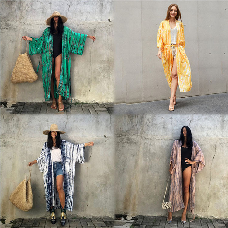 Tie-Front Printed Cardigan Beach Dress ¨C Bikini Cover-Up, Vacation Sun Protection Kimono Dress