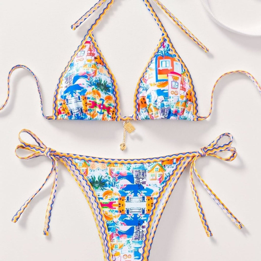 Hemming contrasting print strap sexy bikini split swimsuit Batwing Short Sleeve Shirt W Plants Print