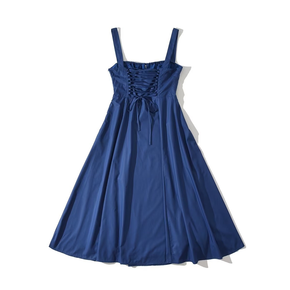 Square Neck Bustier Midi Dress - Low Cut Sleeveless Swing Sundress with Lace Trim & Spaghetti Straps