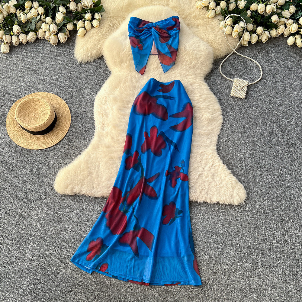 Vacation Printed Crop Top & High-Waist Skirt Set – Sexy Summer Two-Piece, Coachella Fashion Suit