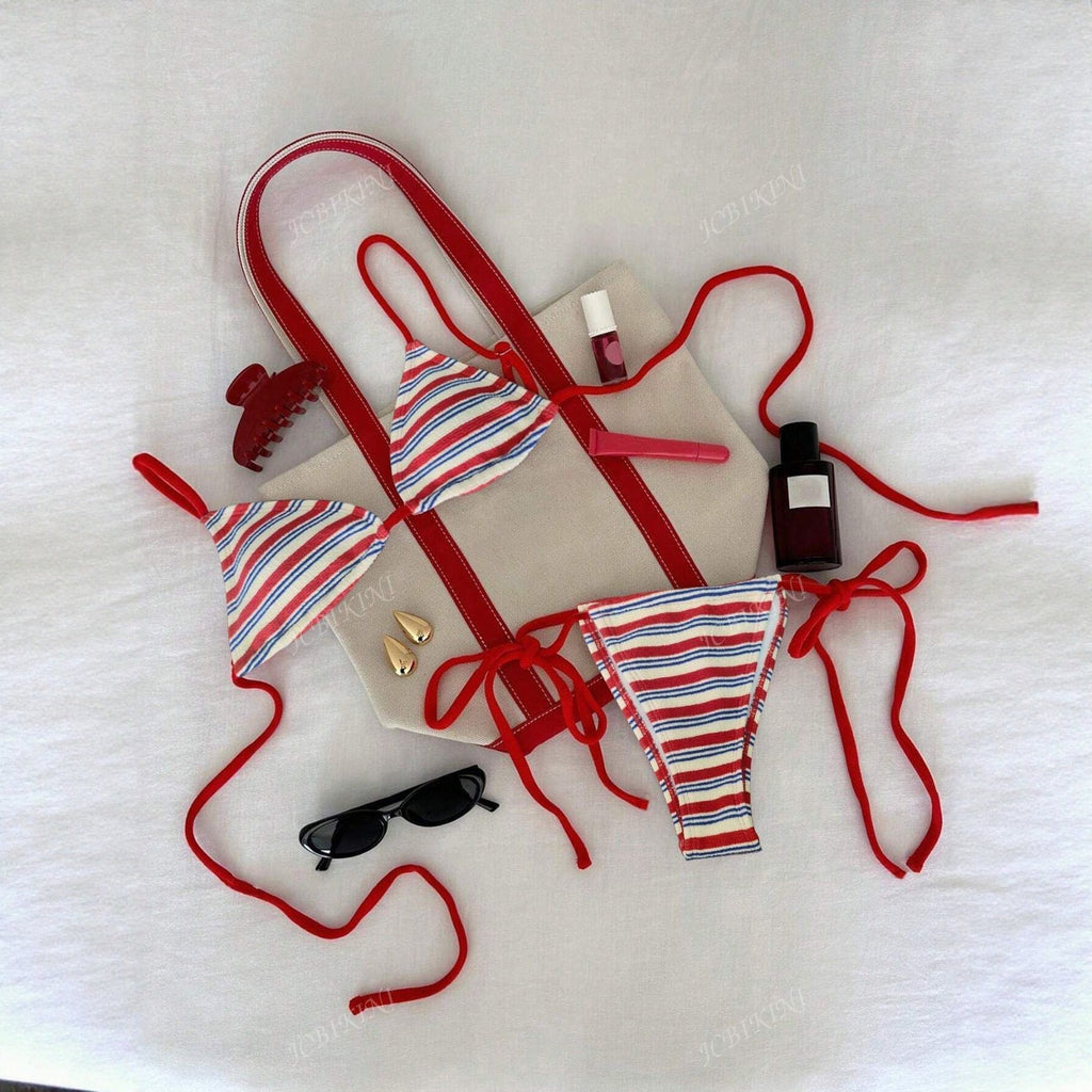 Special Fabric Striped Low Waist Bikini Sexy Two Piece Swimwear for Women