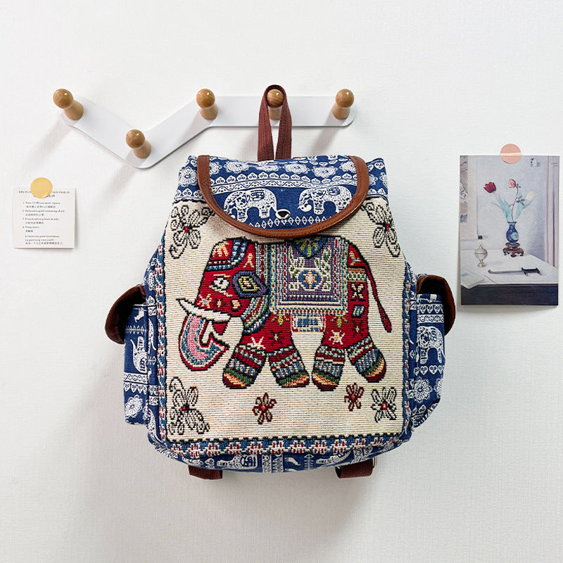 Retro Ethnic Drawstring Backpack – Elephant Embroidery Flap Closure, Bohemian Travel Daypack