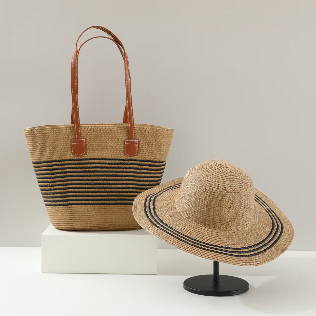 Straw Hat & Tote Two-Piece Set – Wide-Brim Beach Duo, Large Capacity Striped Vacation Kit