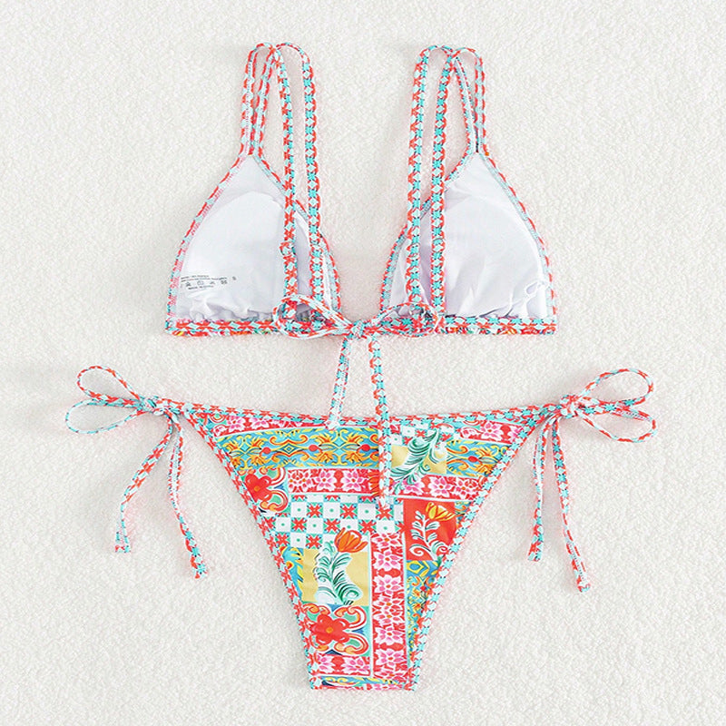 Printed Triangle Sexy Split Swimsuit Three Points Beach Bikini Female Neck-Tie Halter Bikini W Random Flower