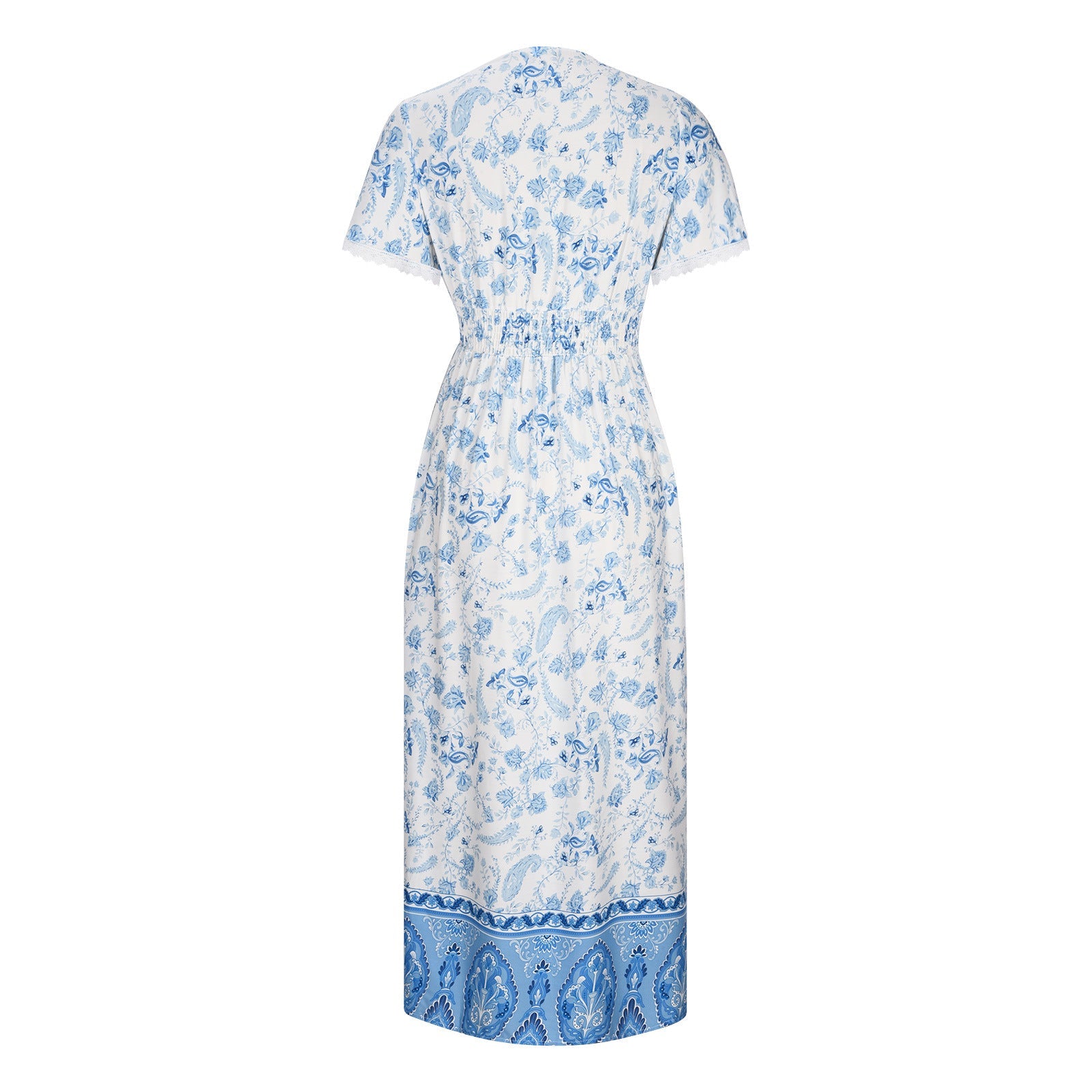 Women's Short Sleeve Lace Trim Tie-Waist Bohemian Dress Vacation Beach Dress Floral