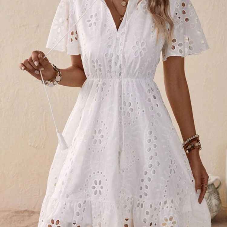 White Embroidered Lace V-Neck Dress with Bubble Sleeves