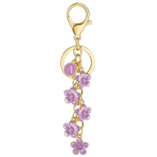 Initial Keychain White/Pink Flower Charms for Key Cute Letter Keyring Bag Charm 26 Letter Flower Cherry Blossom Daisy Keychain