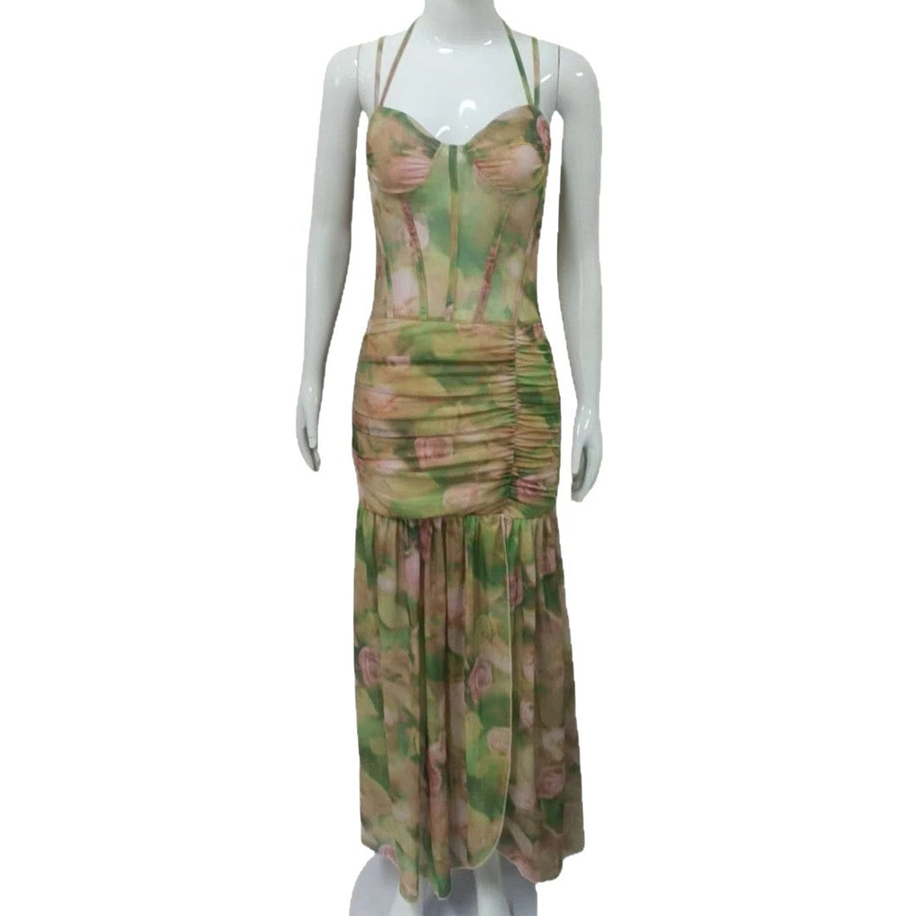 Women's Summer Sexy Spaghetti Strap Printed Vacation Beach High Waist Slimming Slit Dress