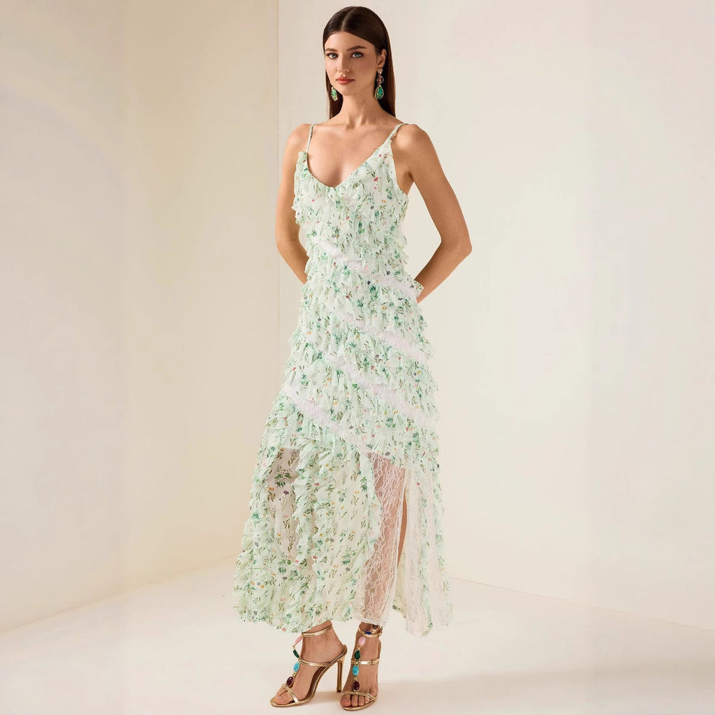 Women's Ruffle Spaghetti Strap Summer Sexy Cover-Up Mesh Long Dress
