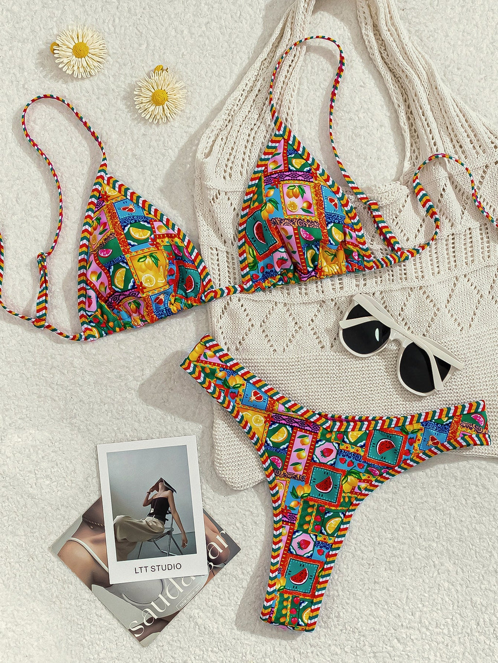 Hemming contrasting print strap sexy bikini split swimsuit Batwing Short Sleeve Shirt W Plants Print