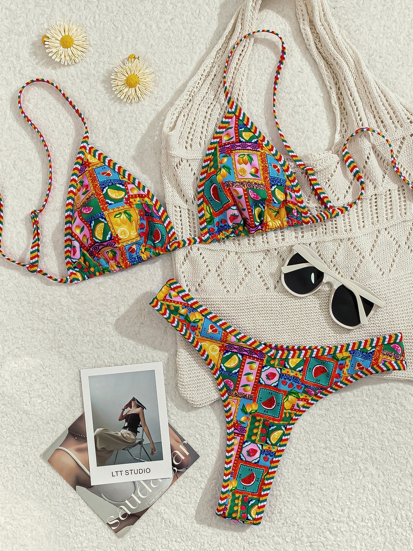 Hemming contrasting print strap sexy bikini split swimsuit Batwing Short Sleeve Shirt W Plants Print