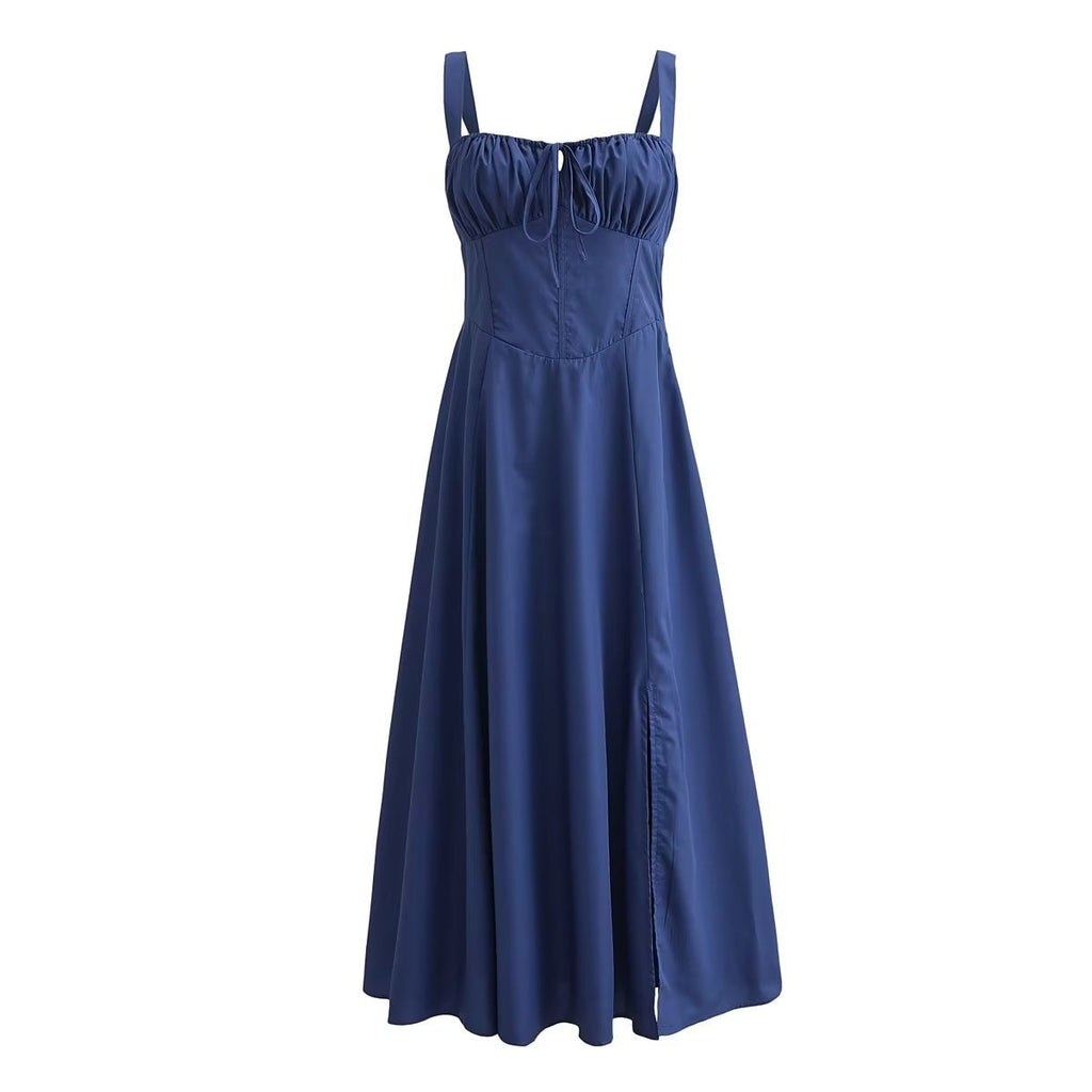 Square Neck Bustier Midi Dress - Low Cut Sleeveless Swing Sundress with Lace Trim & Spaghetti Straps