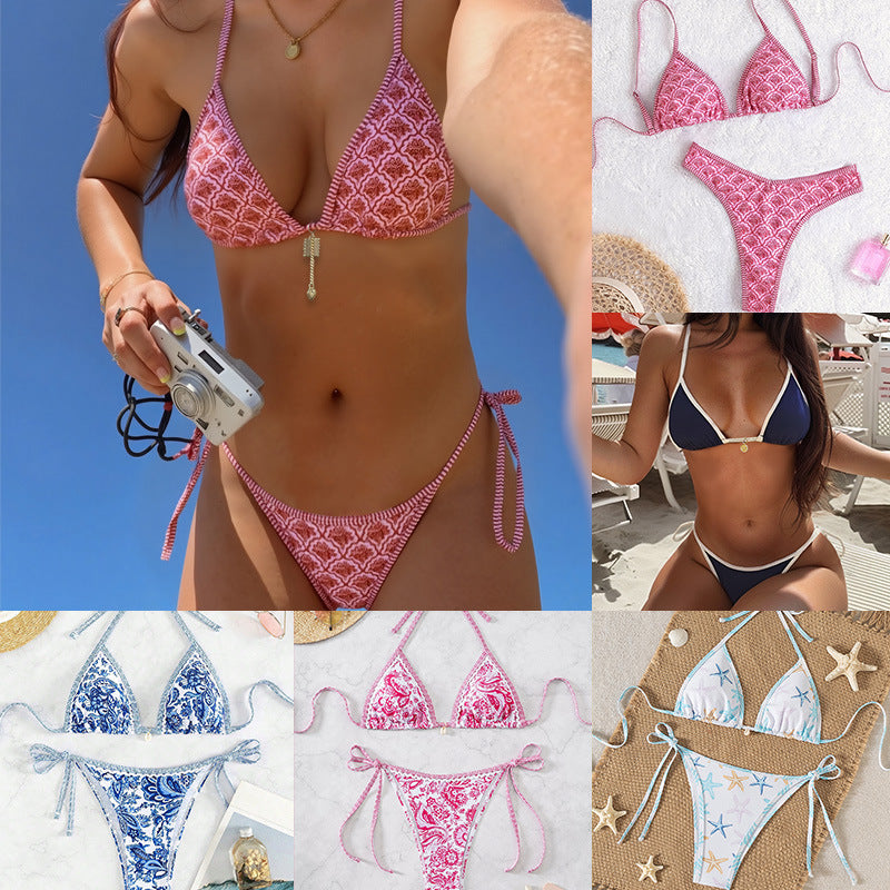 Hemming contrasting print strap sexy bikini split swimsuit Batwing Short Sleeve Shirt W Plants Print