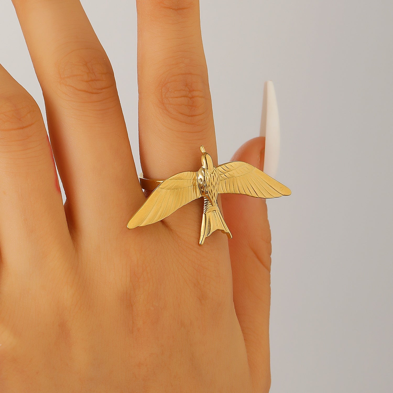Vintage 18K Gold Plated Stainless Steel Bird Wing Open Ring for Women