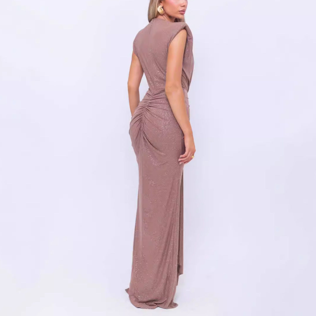 Sexy Women's Sleeveless Super Deep V Slim Waist Pleated Temperament Fishtail Jumpsuit