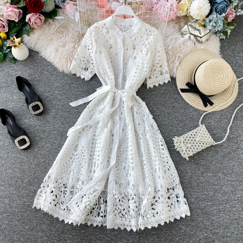 Hollow-Out Elegant Mandarin Collar Dress – Long Sleeve Lace Midi, Short Sleeve Button-Front Tie-Waist Gown