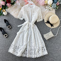 Hollow-Out Elegant Mandarin Collar Dress – Long Sleeve Lace Midi, Short Sleeve Button-Front Tie-Waist Gown