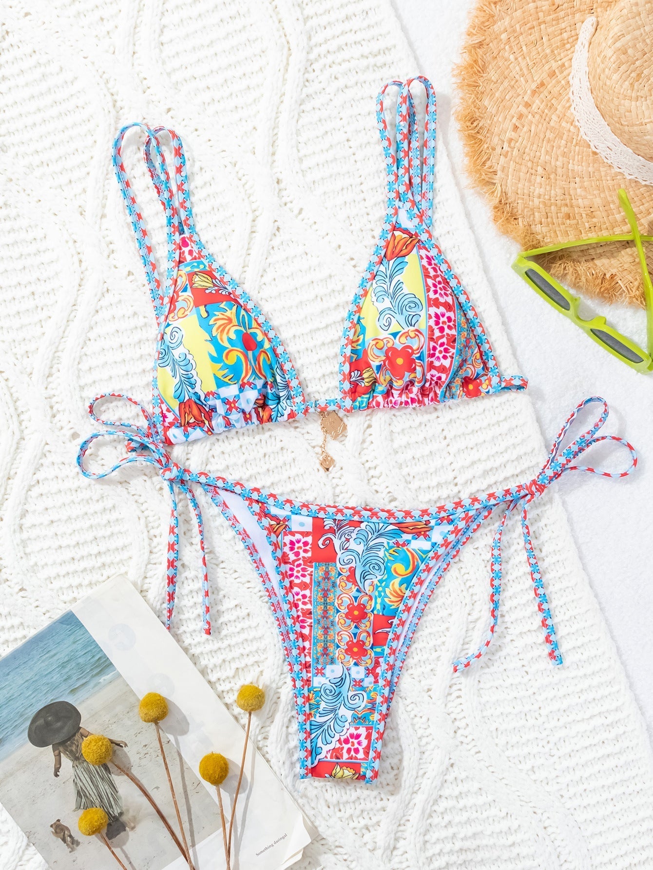 Hemming contrasting print strap sexy bikini split swimsuit Batwing Short Sleeve Shirt W Plants Print