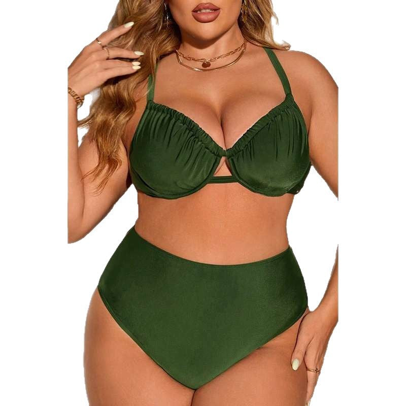 Plus size swimsuit women, solid colors, gathered pleats, sexy split bikini, popular swimsuit women