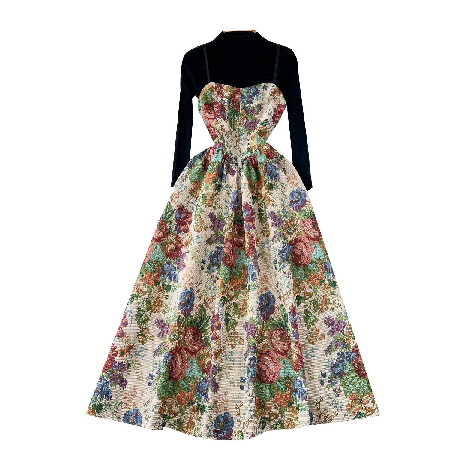 Vintage Court Jacquard Sling Dress - Embroidered Slip Midi, Women's Layering Knitting Top
