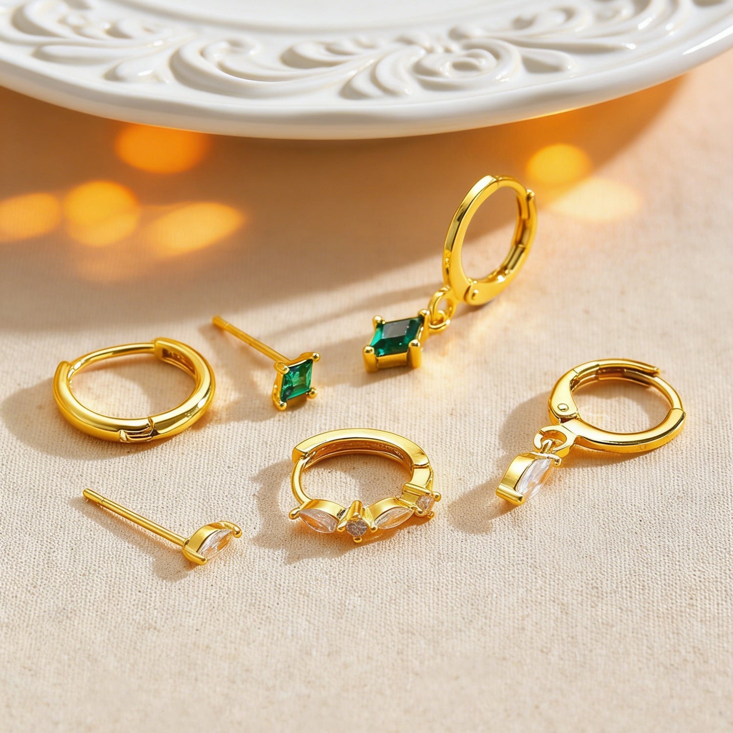 Copper Inlaid Zircon Rhombus Pendant Women 3pcs Earrings Set Studs Buckle Hoops