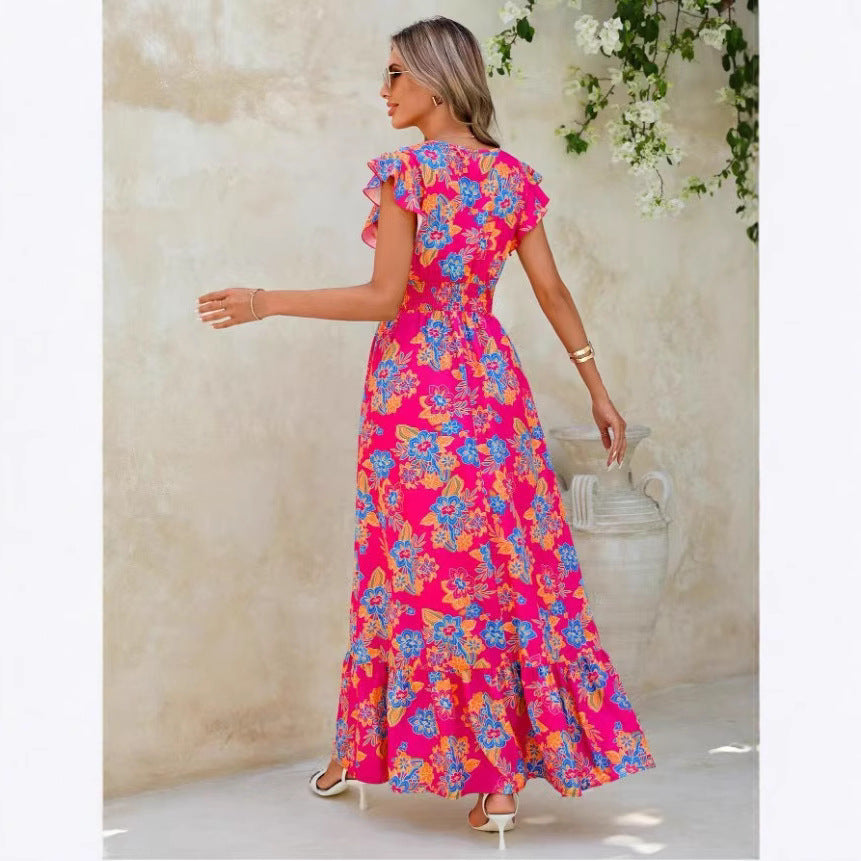 Summer seaside vacation fashion floral print sleeveless dress