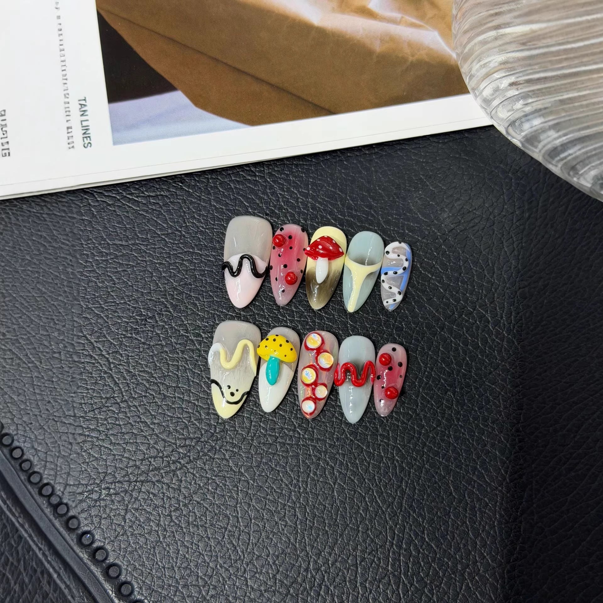 Hot-selling Pinch Mushroom Hand-painted 3D Carved Almond Nail Handmade Press on Nails