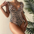 Leopard Print Tummy Control Slimming One Piece Swimsuit for Women with Ruffled Trim Beach