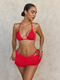 Lace Mesh Skirt Cover Up Strappy Halter Three Piece Bikini
