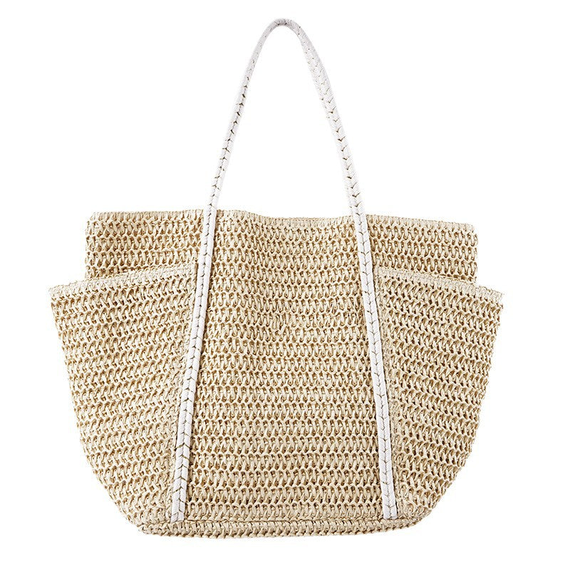Summer Straw Tote – Women’s Large Shoulder Beach Bag, Patchwork Handwoven Purse